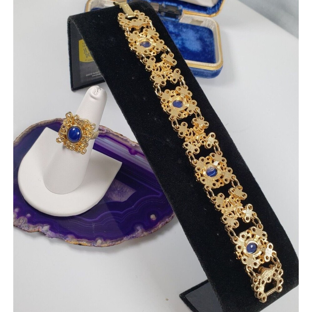 Vintage 1975 Sarah Coventry Victorian Blue Bracelet With Adjustable Ring Set - Picture 7 of 16